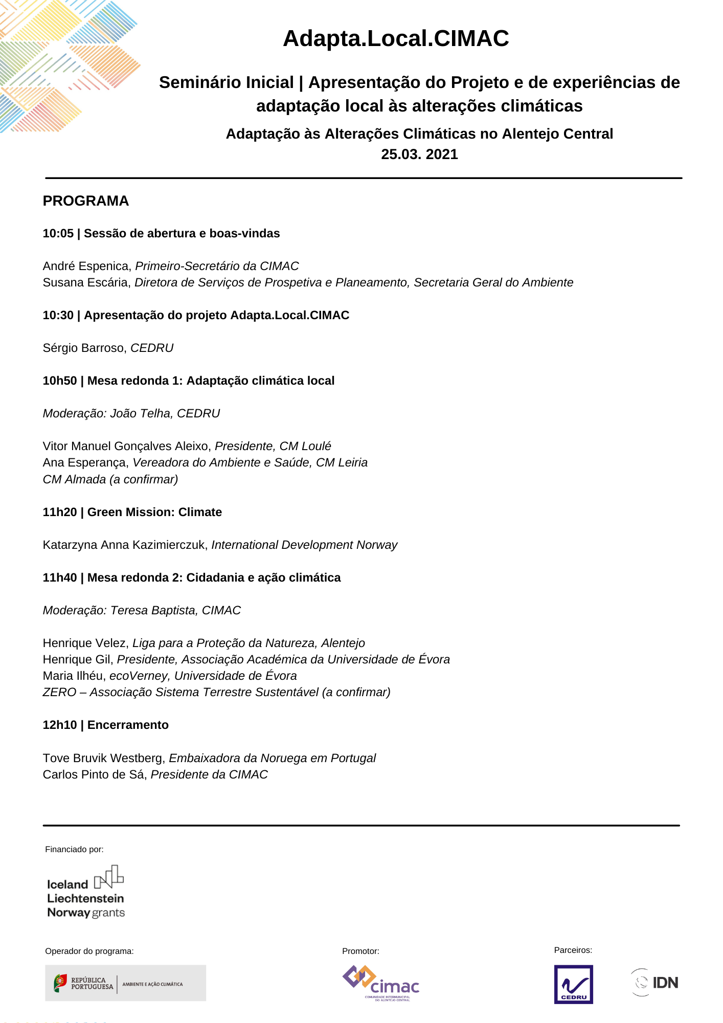 Programa - Seminário Inicial – Planeamento da Adaptação Climática Municipal no Alentejo Central