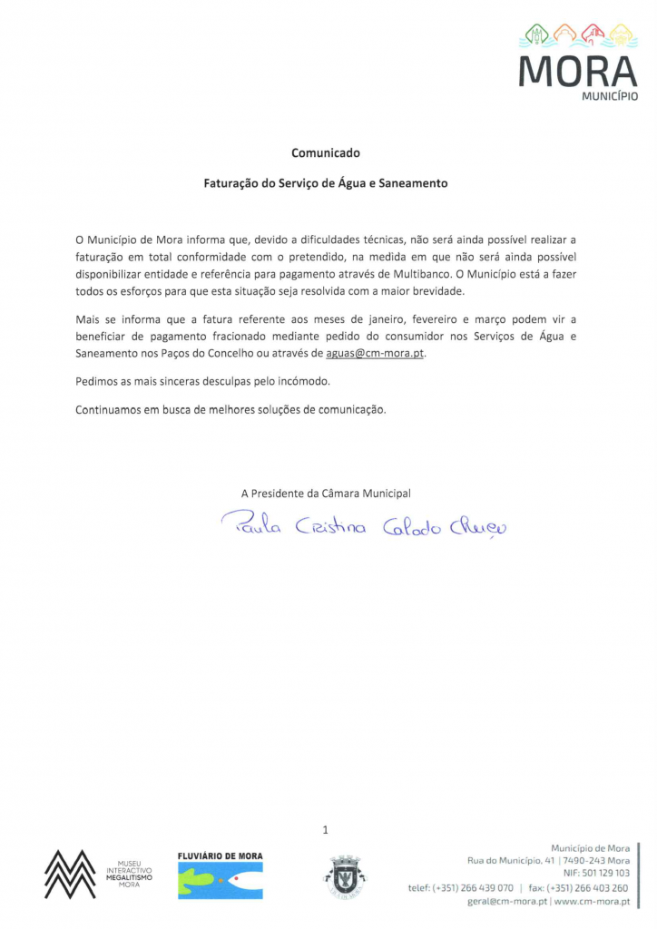 Comunicado - Faturação do Serviço de Água e Saneamento