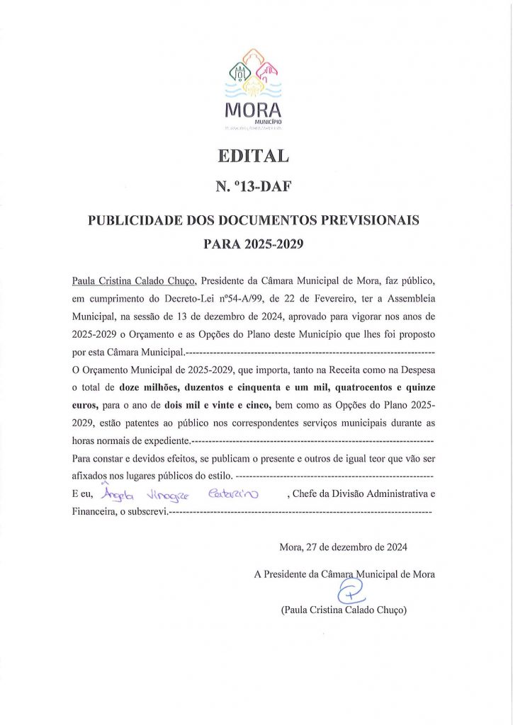Publicidade dos Documentos Previsionais para 2025-2029